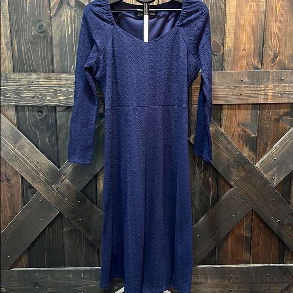 Sweetheart Midi Sweater Dress 12 Navy Blue Cable Pattern Jersey Knit Puff Boho - Picture 1 of 11